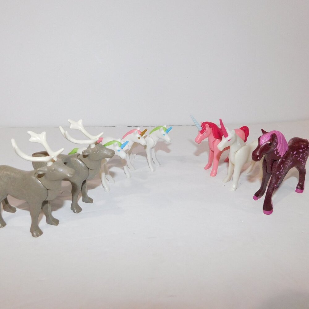 Lot 8 Unicorn Horse Reindeer figure toys Animal Pink White Gray